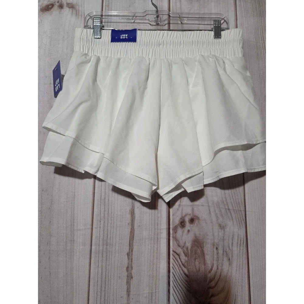 JoyLab Women White High-Rise Tiered Ruffle Athletic Shorts‎ Side Pockets Medium